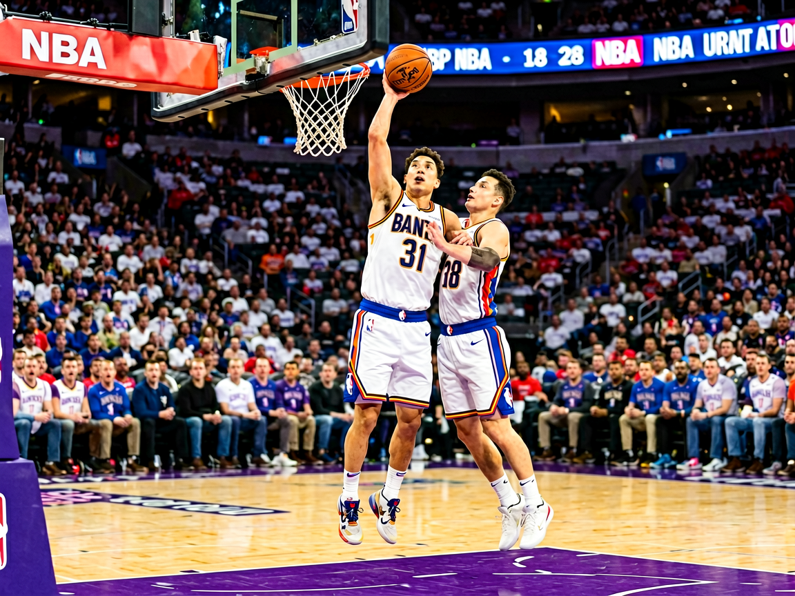 NBA季后赛现场：球员在总决赛第五场比赛中突破上篮，主场气氛热烈