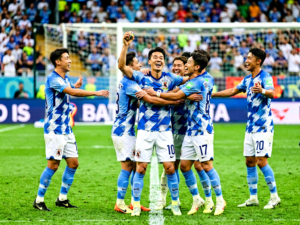 世界杯预选赛：国家队球员在绿茵场上庆祝进球，队友们拥抱欢呼